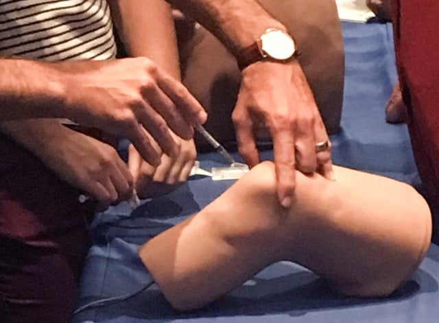 Physicians practicing knee injection on anatomical model